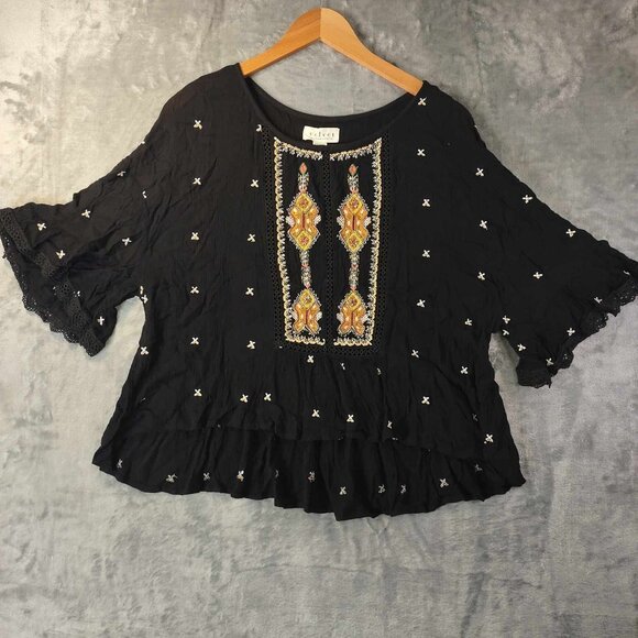 Velvet By Graham & Spencer Blouse women's S‎ Black Beaded Boho Print Lace Trim - Picture 1 of 11